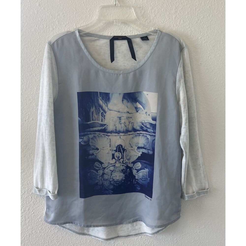 Maison Scotch Top T-Shirt Blue Florence 77 3/4 Sleeves Petite Y2K Graphic Tee